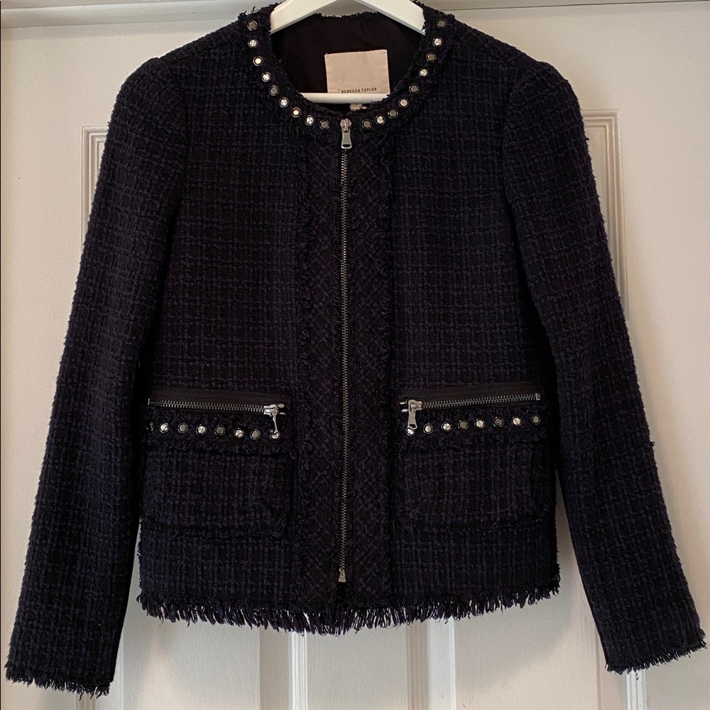 Rebecca Taylor Navy Tweed Jacket with Stud Accents Zip Front fully lined fringe